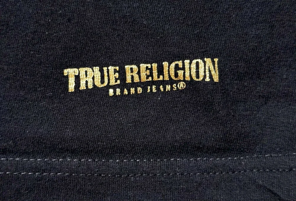 True Religion Shirt Mens Large Black Gold Logo Short Sleeve V Neck Tee Cotton